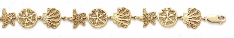 14k Filigree Shell Starfish Sanddollar Bracelet - 7.25 Inch