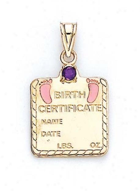 14k Garnet Baby Girl Birth Certificate Pendant 1 1/16 Inch