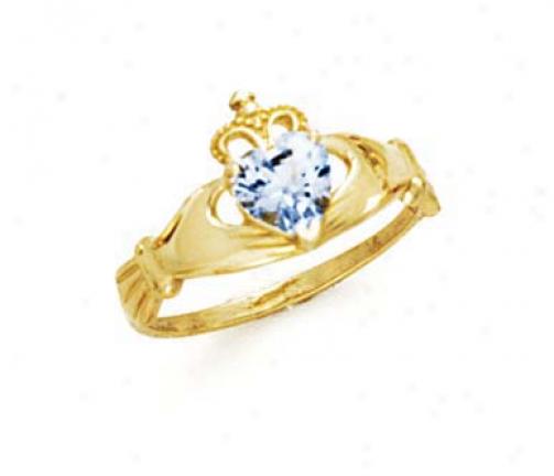 14k Heart Aquamarine-blue Birthsstone Ckaddagh Ring