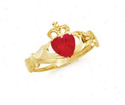 14k Heart Ruby-red Birthstone Claddagh Ring