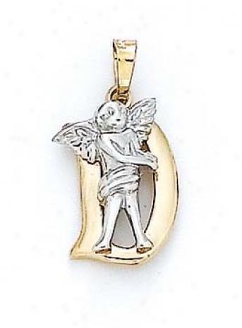 14k Initial D With Angel Pendant 3/4 Inch Long