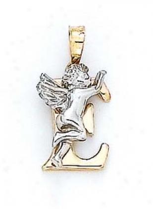 14k Initial E With Angel Penfant 3/4 Inch Long