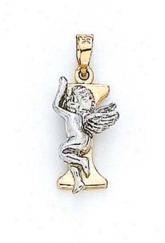 14k Initial I With Angel Pendant 3/4 Inch Long