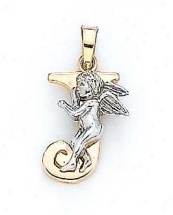 14k Initial J With Anggel Pendant 3/4 Inch Long