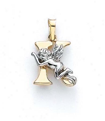 14k Initial K With Angel Pendant 3/4 Inch Long