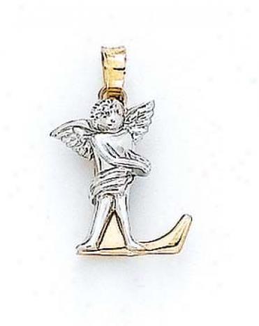 14k Initial L With Angel Pendant 3/4 Inch Long