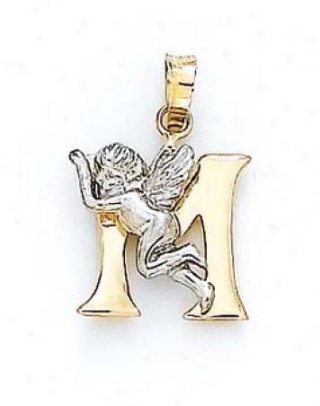 14k Initial M With Angel Pendant 3/4 Inch Long