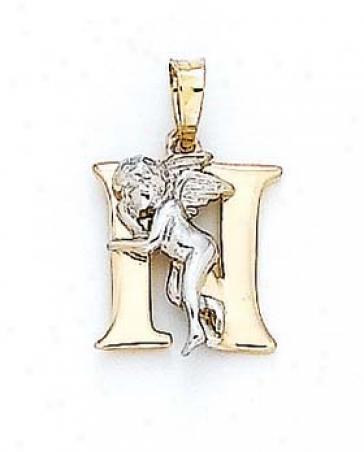 14k Initial N With Angel Pendant 3/4 Inch Long