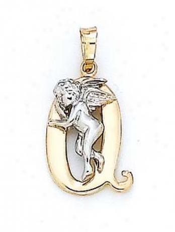 14k Initial Q With Angel Pendant 3/4 Inch Long