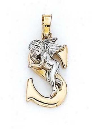 14k Initial S With Angel Pendant 3/4 Inch Long