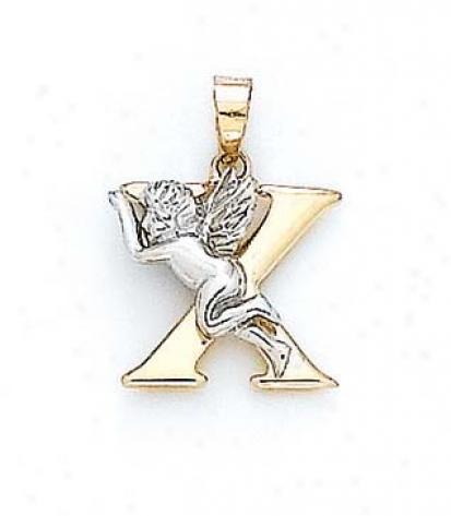 14k Initial X With Angel Pendant 3/4 Inch Long