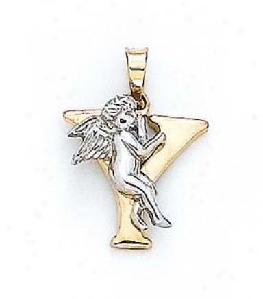 14k Initial Y With Angel Pendant 3/4 Inch Long