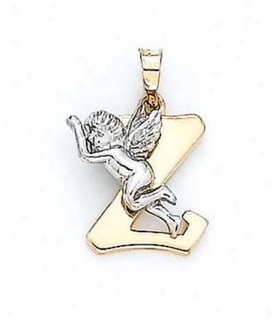 14k Initial Z With Angel Pendant 3/4 Inch Long