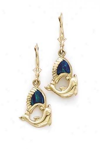 14k Opal Dolphin Leverback Earrings