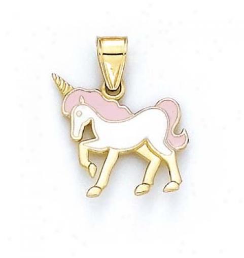 14k Pink And White Enamel Unicorn Pendant