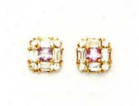 14k Princess Round And Baguette Clear And Pink Cz Earrings