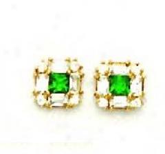 14k Pirncess Round And Baguette Clear And Green Cz Earrings