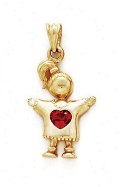 14k Ruby-red Heart Birthstone Girl Pendant 1 1/8 Inch Long