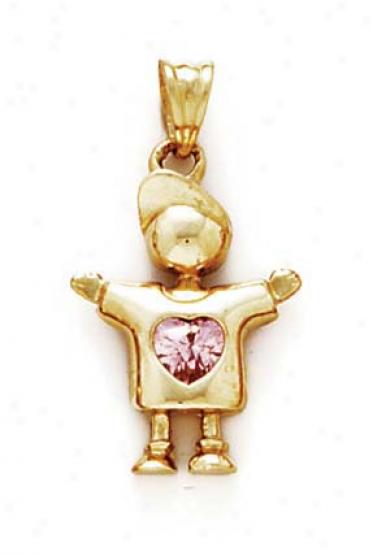 14k Topaaz-pink Heart Birhstone Boy Pendant 1 Inch Long