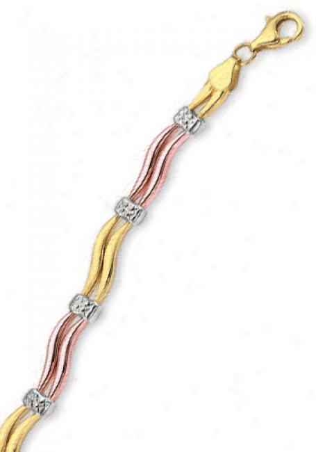 14k Tricolor Diamond-cut Fancy Bracelet - 7.25 Inch