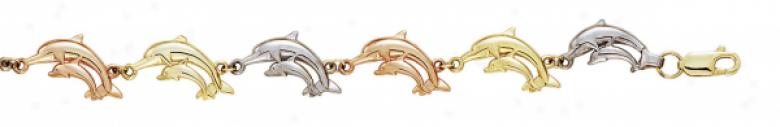 14k Tricolor Dolphins Bracelet - 7.25 Inch