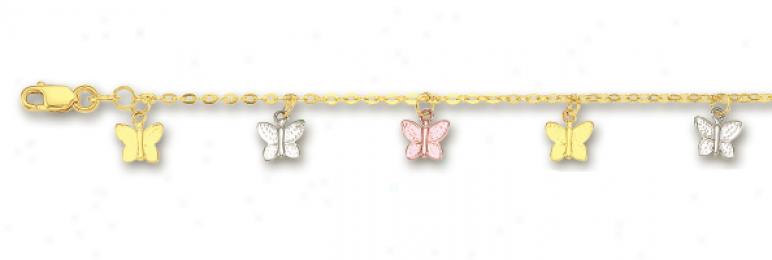 14k Tricolor Drop Butterfly Statio Anklet - 10 Inch