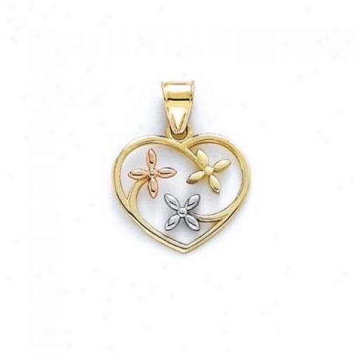 14k Tricolor Flowers Heart Pendant