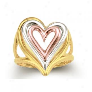 14k Tricolor Triple Open Heart Shaped Ring