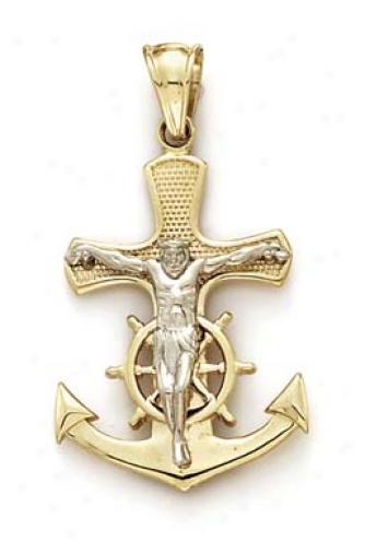 14k Two-tone Anchor And Cross Pendant