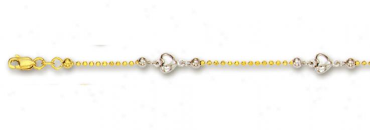 14k Two-tone Beads And Puffed Heart Station Anklet - 10 Inch