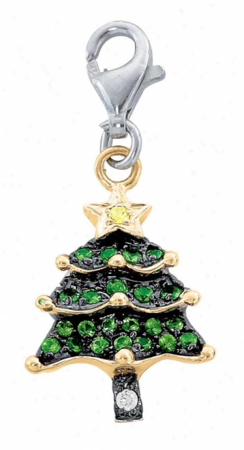 14k Two-tone Christmas Tree Green Garnet And Diamond Charm
