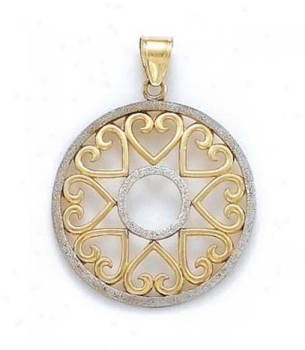 14k Two-tone Circle Medallion Hearts Pendant