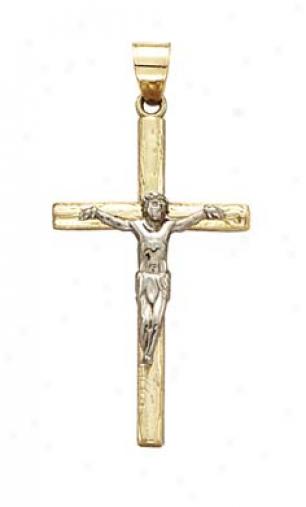 14k Two-tone Crucifix Wood Style Pendant