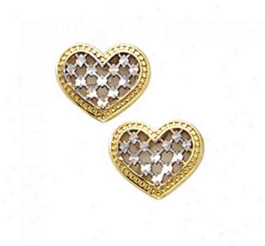 14k Two-tone Diamodn-cut Heart Earrings