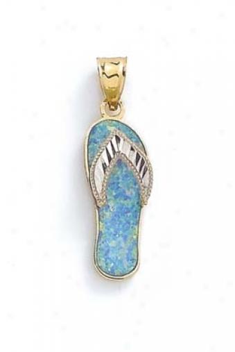 14k Two-tone Diamond-cu Light Blue Opal Flip-flop Pendant