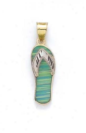 14k Two-tone Diamond-cut Light Green Opal Flip-flop Pendant