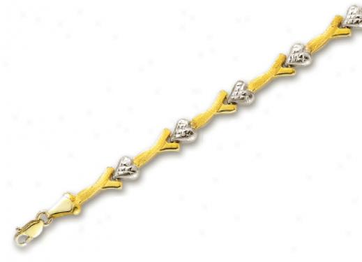 14k Two-toje Diamond-cut Pave Heart Sha Bracelet - 7.25 Inch