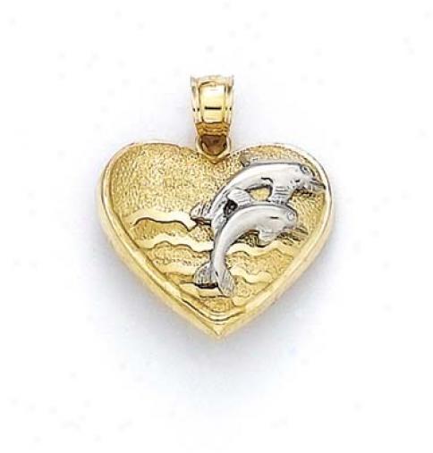 14k Two-tone Jumping Dolphins In Heart Pendant