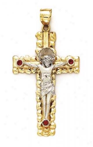 14k Two-tone Medium Crucifix Red Cz Penant