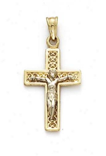 14k Two-tone Small Filigree Back Crucifix Pendant