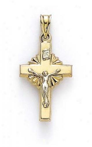 14k Two-tone Shallow Sunburst Crucifix Pendant