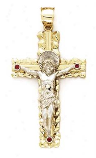 14k Two-tone Small Two-tone Crucifix Red Cz Pendant