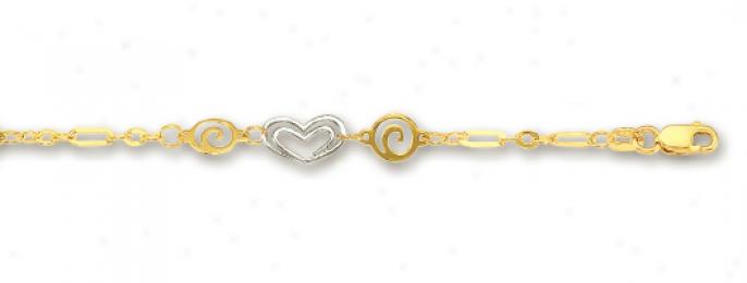 14k Two-tone SpiralA nd Design Heart Anklet - 10 Inch