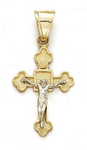 14k Two-tone Square Cenetr And Texture Large Cross Pendant