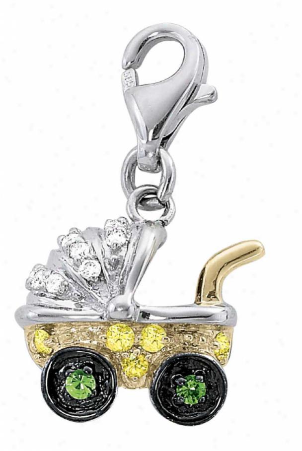 14k Two-tone Stroller Golden Sapphire And Diamond Charm