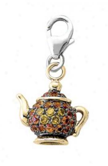 14k Tao-tone Tea Pot Orange Sqpphire And Diamond Charm