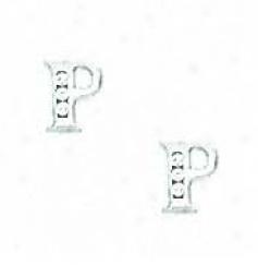 14k White 1.5 Mm Round Cz Initial P Friction-back Earrings