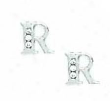 14k White 1.5 Mm Round Cz Initial R Friction-back Earrings