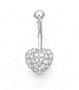 14k White 1.5 Mm Round Cz Pave Heart Belly Ring
