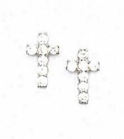 14k White 2 Mm Round Cz Cross Friction-back Earrings